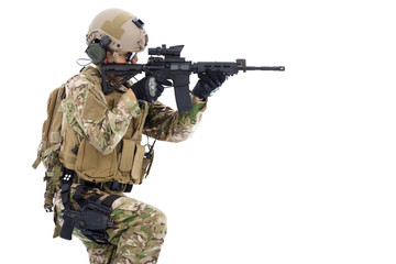 Fototapeta premium Soldier holding rifle or sniper and ready to shot