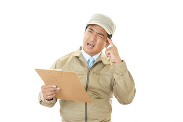 疲れた表情の作業員