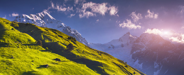Panorama of alpine meadows at the foot of Tetnuldi glacier