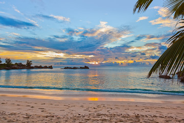 Seychelles tropical beach at sunset