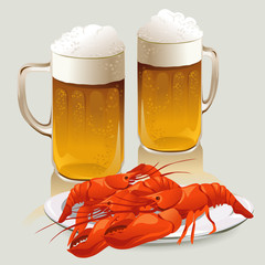 beer mugs and a plate of crayfish