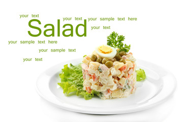 Russian traditional salad Olivier, isolated on white