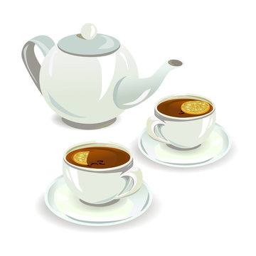 cups with tea and teapot