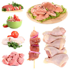 Collage of raw meat isolated on white