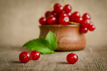 Red currant in wooden plate on the table