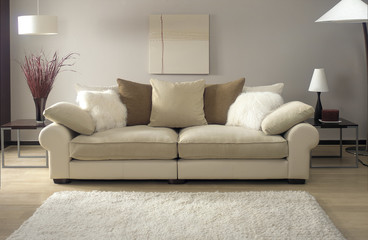 cream sofa in modern living room with rug - obrazy, fototapety, plakaty