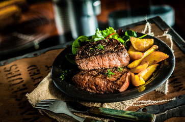 Healthy lean grilled beef steak and vegetables