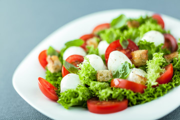 Serving of fresh salad with mozzarella pearls