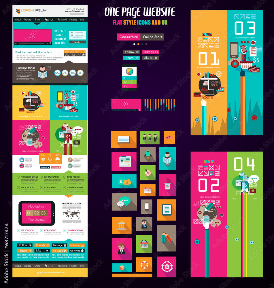 Aufkleber one page website flat ui design template