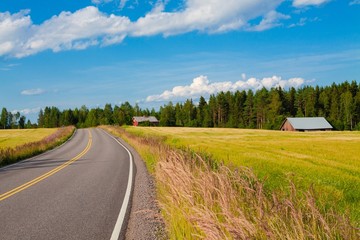 red farm with the road, blue sky and green field - obrazy, fototapety, plakaty