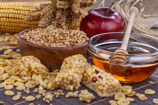 A fruit and nut ceral protein bars with honey and cornflakes