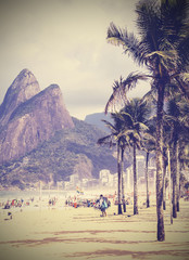 Retro toned picture of tropical beach in Rio de Janeiro, Brazil.