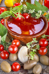 Tomato ketchup with olive oil and vegetables