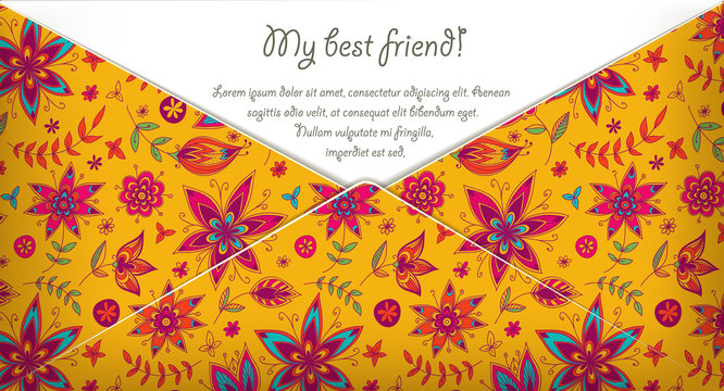 Template of greeting card with floral pattern