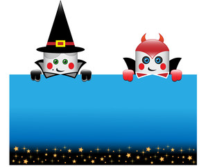 Halloween postcard with funny witch and devil