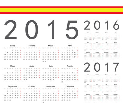 Set of spanish 2015, 2016, 2017 year vector calendars