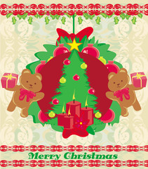 Christmas background with Christmas tree and sweet teddy bears