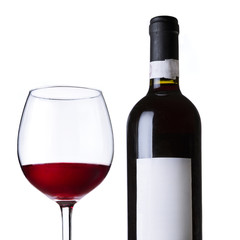 Red wine in glass and bottle.Isolated on white background.