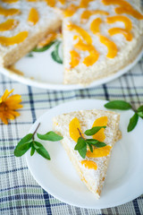 Waffle cake with peaches and cream