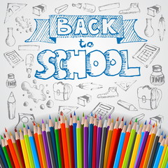 Back to school poster, vector colorful crayons on white paper wi