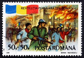 Postage stamp Romania 1990 Palace on Fire, Bucharest