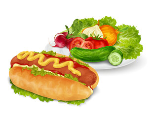 Hot dog with vegetables
