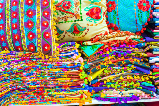 Colorful turkish fabric samples on Grand bazaar