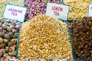 Different sorts of tea on the Egyptian bazaar in Istanbul