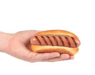 Hand holding tasty hot dog.