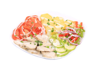Chicken salad with potatoes and zucchini.