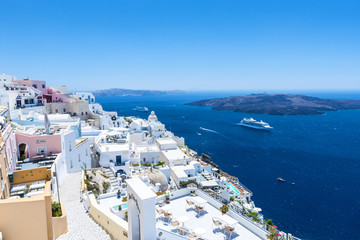Beautiful View To The Sea And The Volcano From Fira - obrazy, fototapety, plakaty
