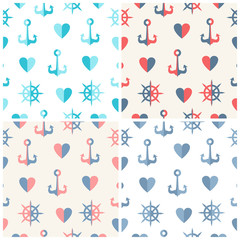 Navy vector seamless patterns set anchor, steering wheels and