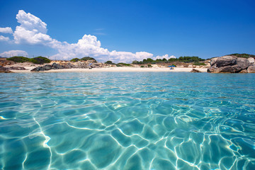 Panorama of idyllic beach with white sand and turquoise water