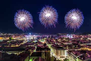 Panoramic view of the city of Geneva at night,, fireworks for th