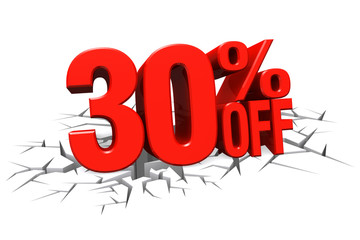3D render red text 30 percent off on white crack hole floor.