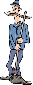 Janitor Man With Broom Cartoon Illustration