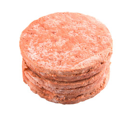 Frozen raw hamburger beef meat over white background
