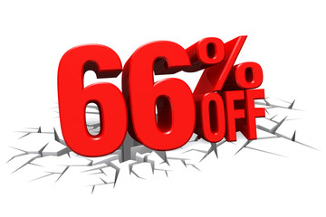 3D render red text 66 percent off on white crack hole floor.