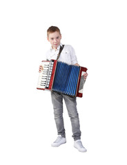 Young boy playing on accordion, isolated on white, clipping path