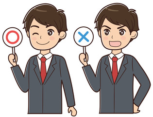 まるばつ札を上げる男性