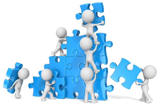 Teamwork. The dude x 7 building large puzzle. Blue.