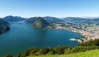 Fototapeta na wymiar View from Monte Bre in the Gulf of Lugano