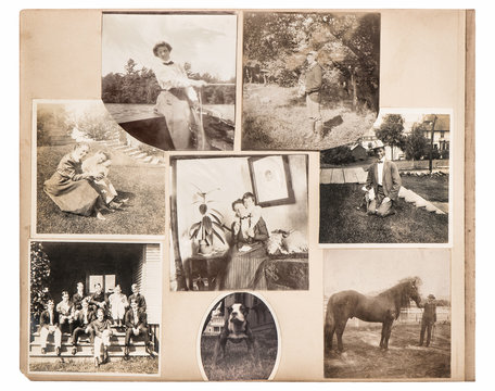 Vintage photo album page. Antique family and animals pictures
