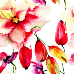 Panele Szklane Podświetlane  Bezszwowa tapeta z czerwonymi letnimi kwiatami