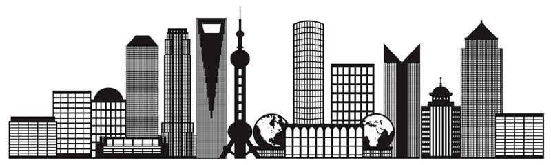 Naklejka premium Shanghai City Skyline Black and White Outline Illustration