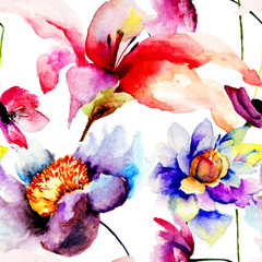 Panele Szklane Podświetlane  Bezszwowa tapeta z kwiatami