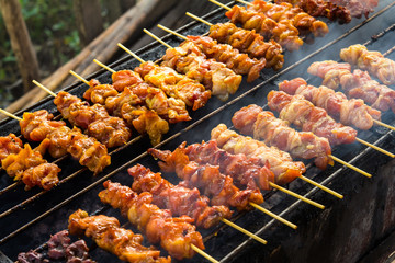 Skewer chicken pieces in a roasting on the grill and smoke