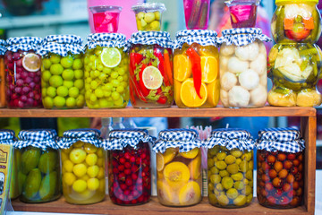 Mediterranean pickled vegetables and fruits on the open market