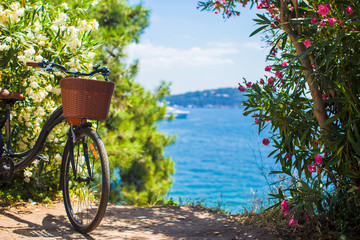 Fototapeta premium Beautiful vintage bicycle with basket on background of Bosphorus