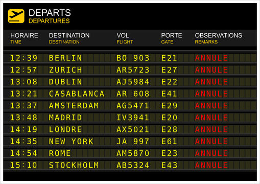 Tableau des départs de vols. « vol annulé »